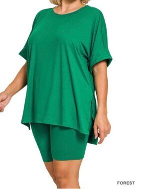 Brushed dty microfiber top & biker shorts set- Forest Green 3X